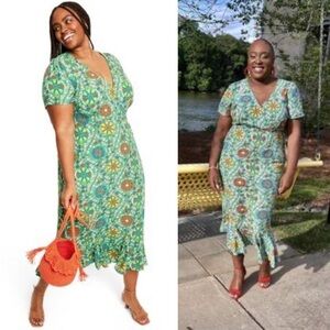 NWT RHODE x Target Zinnia Floral Print Short Sleeve Midi Dress Green/Red…